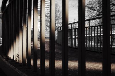 Close-up of sunlight on railings