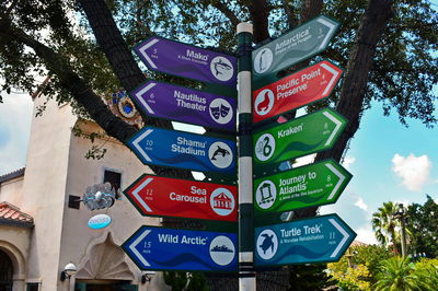 Low angle view of road sign against trees