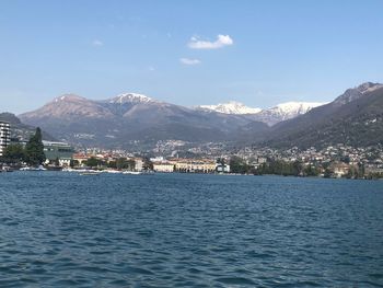 Scenic view of sea by town against sky