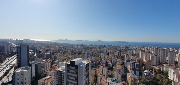 Aerial view of modern buildings against clear sky