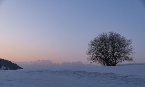 Scenic view of snow covered landscape against clear sky