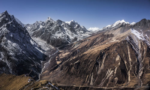 Scenic view of snowcapped mountains against clear sky