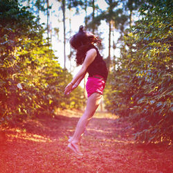 Full length of woman standing on tree trunk