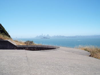 Scenic view of sea against clear blue sky