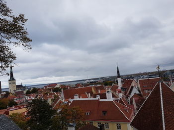 High angle view of houses in town against sky