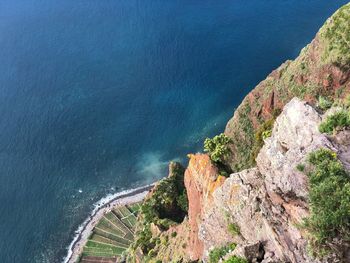 High angle view of sea by mountain