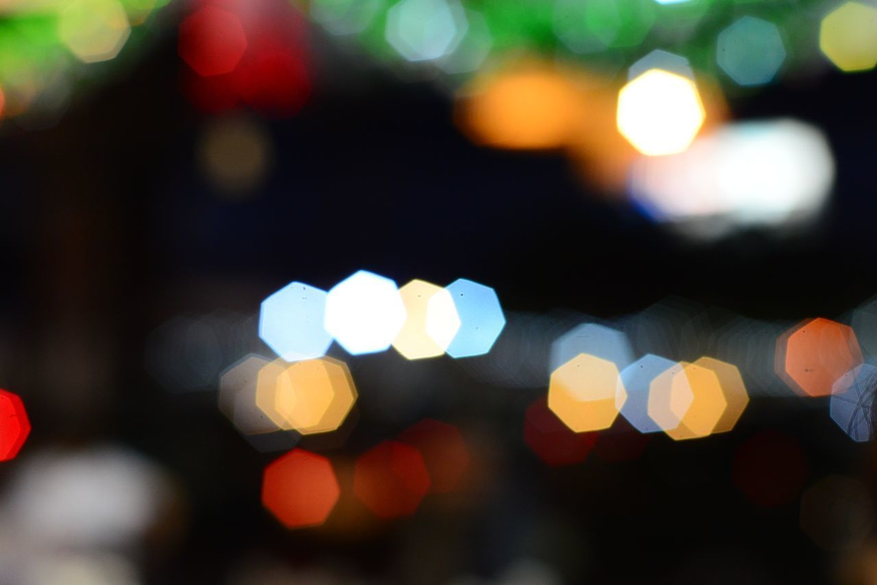 DEFOCUSED IMAGE OF CHRISTMAS LIGHTS