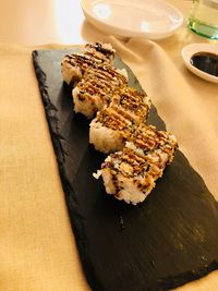 High angle view of sushi in plate on table