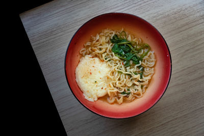 High angle view of soup in bowl on table