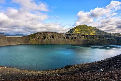 Scenic view of lake and mountains against sky