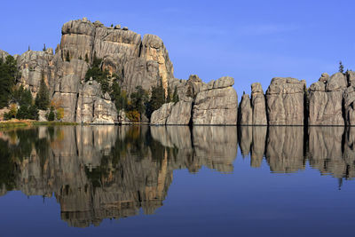 Panoramic view of rock formation in lake against sky