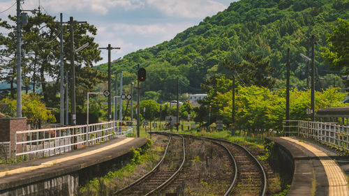 Railroad tracks against mountain