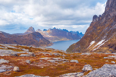 Scenic view of snowcapped mountains against sky