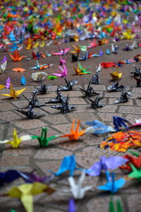 High angle view of various toys