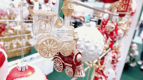 Close-up of christmas decoration hanging for sale