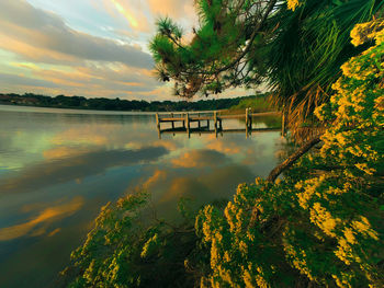 Scenic view of lake against sky during sunset