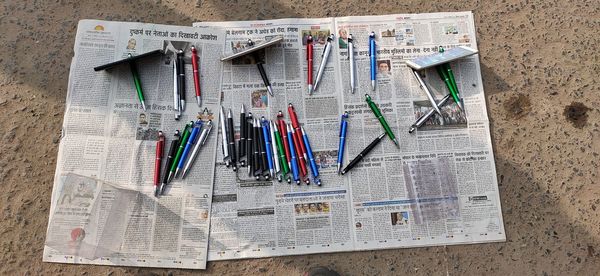 High angle view of multi colored pencils on table