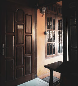 Closed wooden door of building