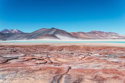 Scenic view of desert against clear blue sky