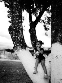 Portrait of happy girl on tree at park