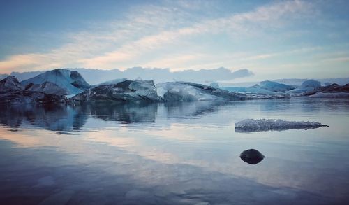 Scenic view of frozen lake against sky during sunset