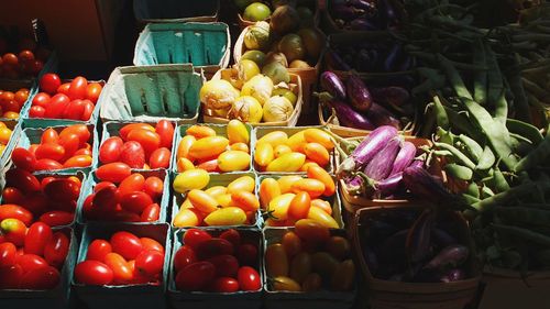 High angle view of vegetables for sale at market stall