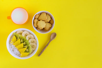 High angle view of breakfast on table