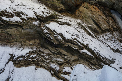 High angle view of rock formation on snow covered land