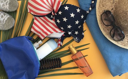 High angle view of flags on table