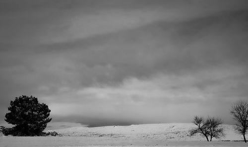 Scenic view of snow covered land against sky