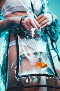 Close-up of hand holding fish in water