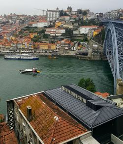 High angle view of river amidst buildings in city