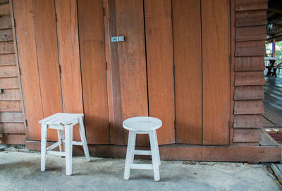 Chairs and table against brick wall