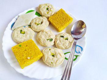 High angle view of breakfast served on table