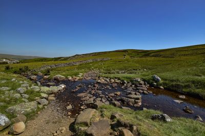 Scenic view of land against clear blue sky