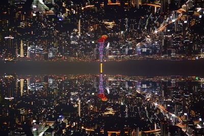 High angle view of city at night