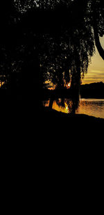 Silhouette trees by lake against sky during sunset