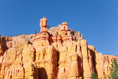 Low angle view of rock formation against clear blue sky