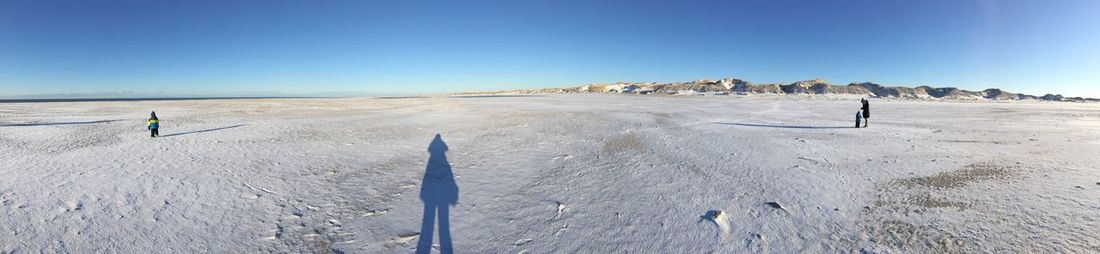 People on beach against clear blue sky