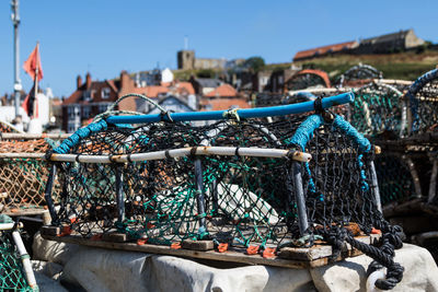 Lobster traps against blue sky