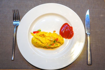 High angle view of breakfast served in plate