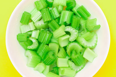 High angle view of chopped vegetables in bowl