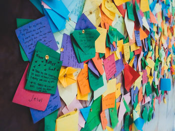 Close-up of prayer messages papers attached on board at church