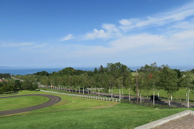 Scenic view of trees on field against sky