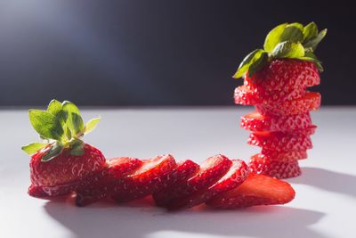 Close-up of strawberries in plate on table