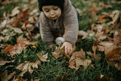 Full length of boy on field during autumn