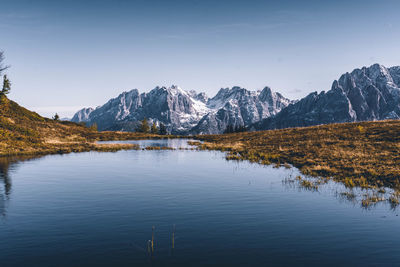 Scenic view of lake and mountains against sky