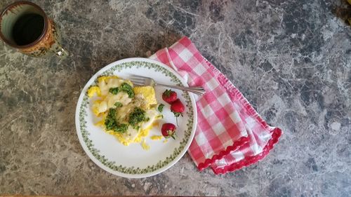 High angle view of breakfast served on table