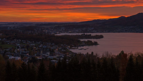 Scenic view of mountains against orange sky