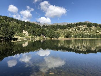 Scenic view of lake by trees against sky